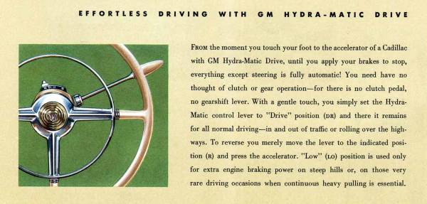 1949 Cadillac brochure excerpt with an illustration of a Cadillac steering wheel and Hydra-Matic shifter against a green background and the headline "Effortless Driving with GM Hydra-Matic Drive" above the text