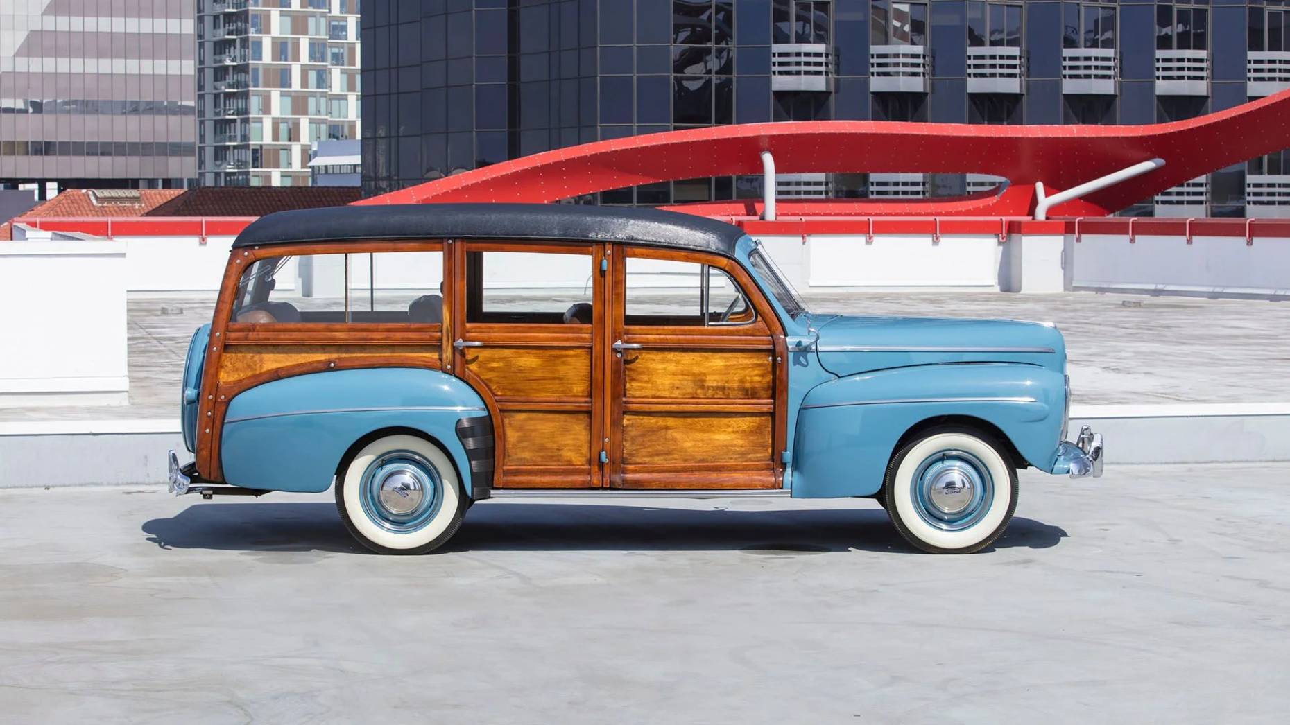 Right side view of a 1942 Ford wood-bodied station wagon