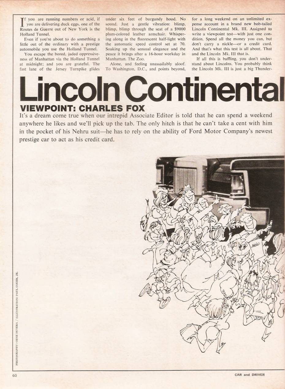 Car and Driver, August 1968, page 60, first page of Lincoln Continental Mark III Viewpoint by Charles Fox, with a photo by Gene Butera and cartoon illustrations by Paul Coker Jr.