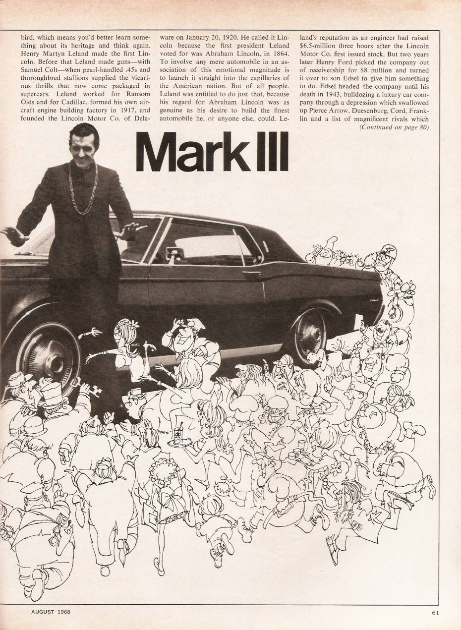 Car and Driver, August 1968, page 61, second page of the Mark III Viewpoint, with the right half of the photo of Charles Fox in a Nehru jacket surrounded by cartoon people