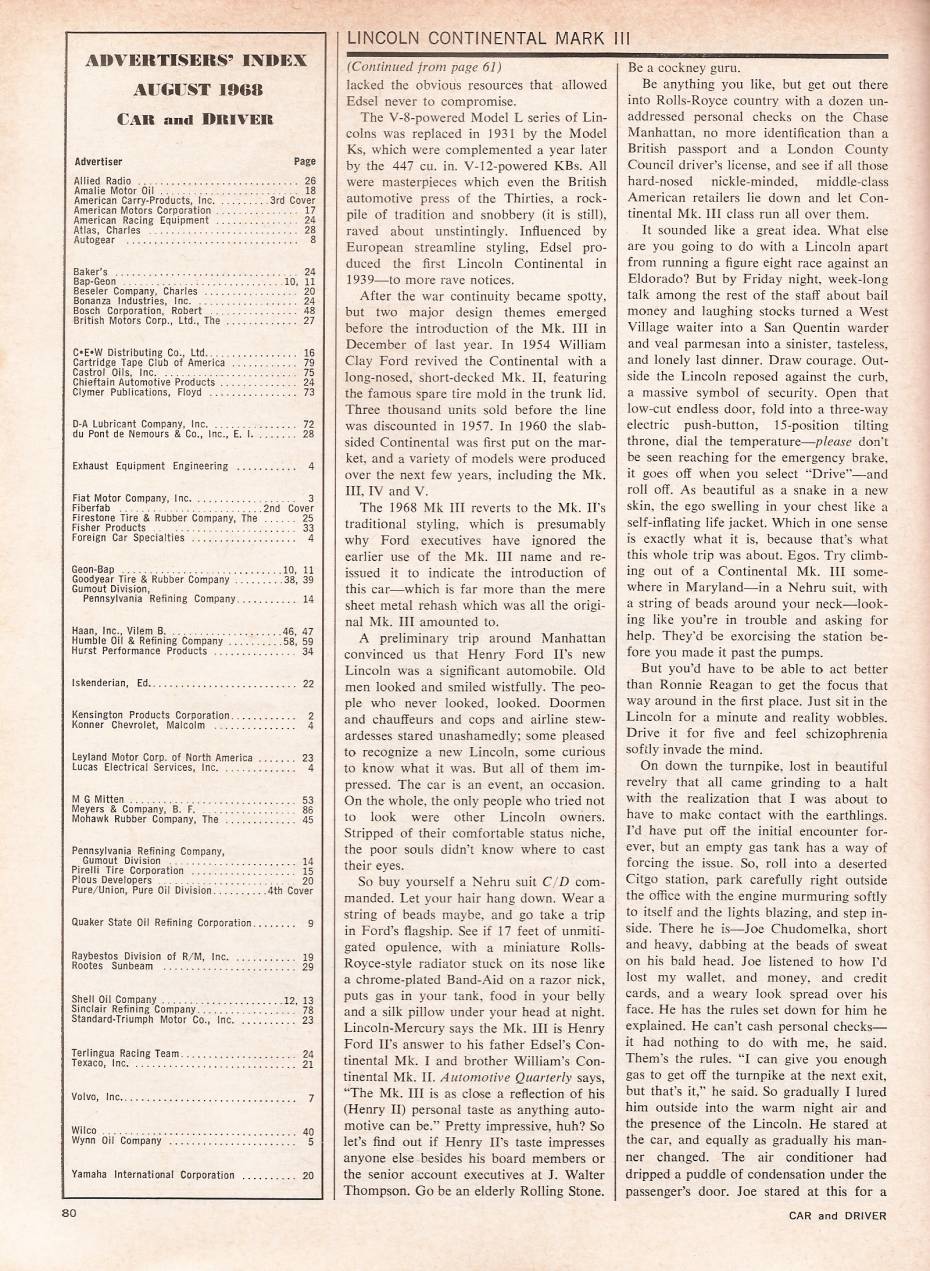 Car and Driver, August 1968, page 80, third page of the Charles Fox Mark III Viewpoint