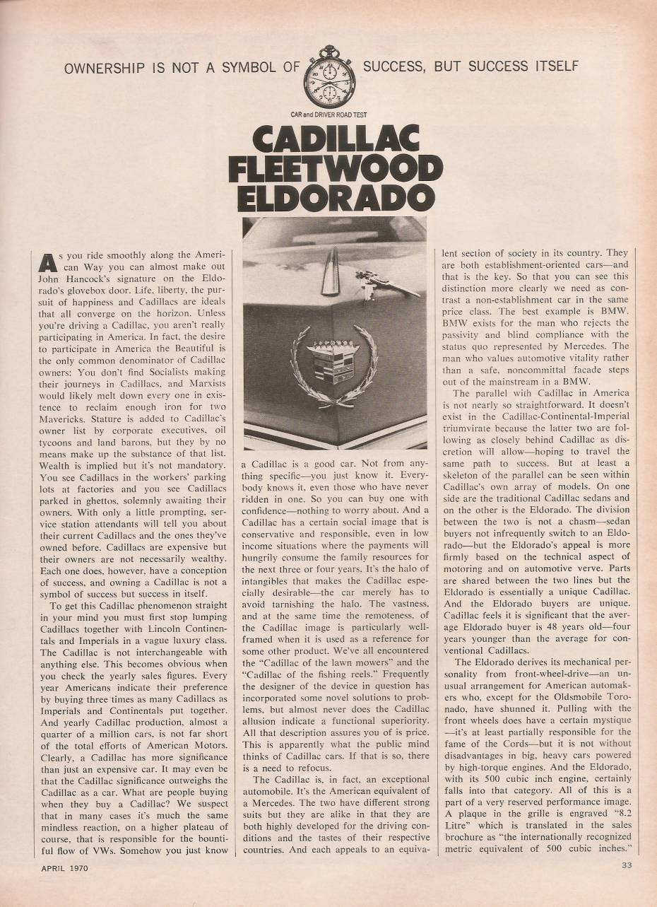 Car and Driver, kwiecień 1970, strona 33, pierwsza strona testu drogowego Cadillac Eldorado, z wstawionym zdjęciem herbu na masce i podtytułem "Posiadanie nie jest symbolem sukcesu, ale samym sukcesem"