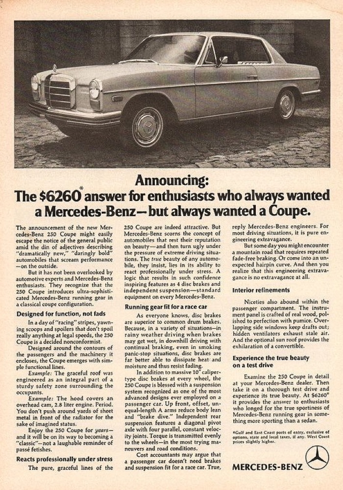 Mercedes-Benz 280 CE (W114) : A eleg&acirc;ncia &agrave; cruzamento de caminhos