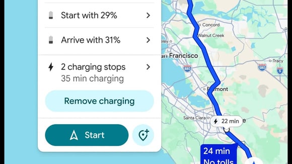 Google Maps planifie d&eacute;sormais automatiquement vos pauses recharge, pr&eacute;dit la consommation et ajuste les horaires d&rsquo;arriv&eacute;e. &copy; Google