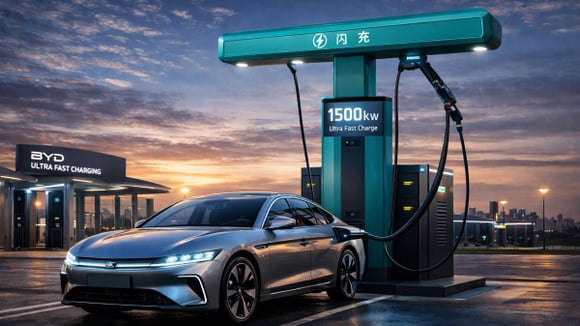 La récente technologie Flash Charging de BYD permet de recharger sa voiture de 10 à 70 % en 5 minutes. © BYD